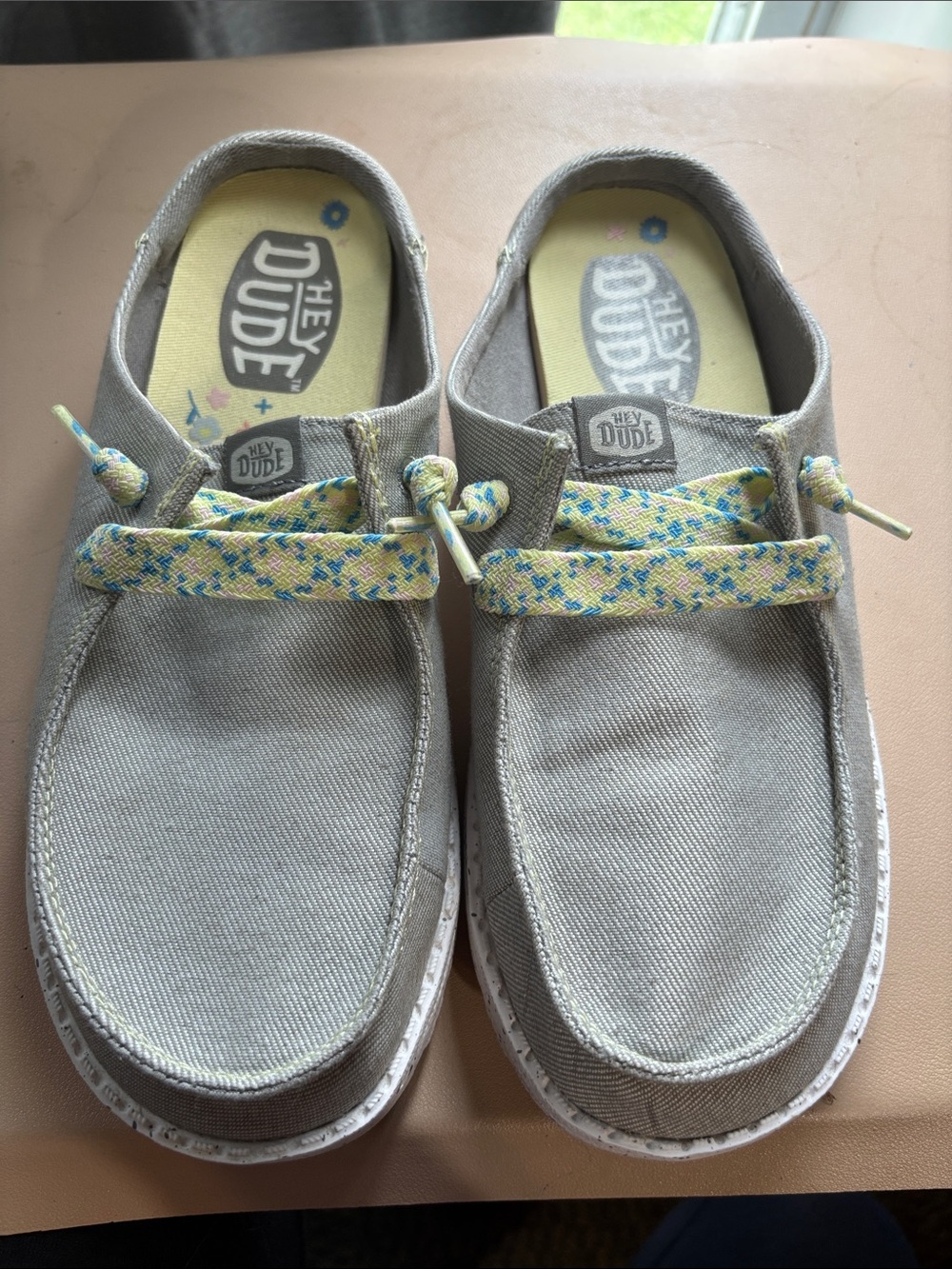 Hey Dude Gray Canvas Slip-On Sneakers with Yellow Multicolor Laces